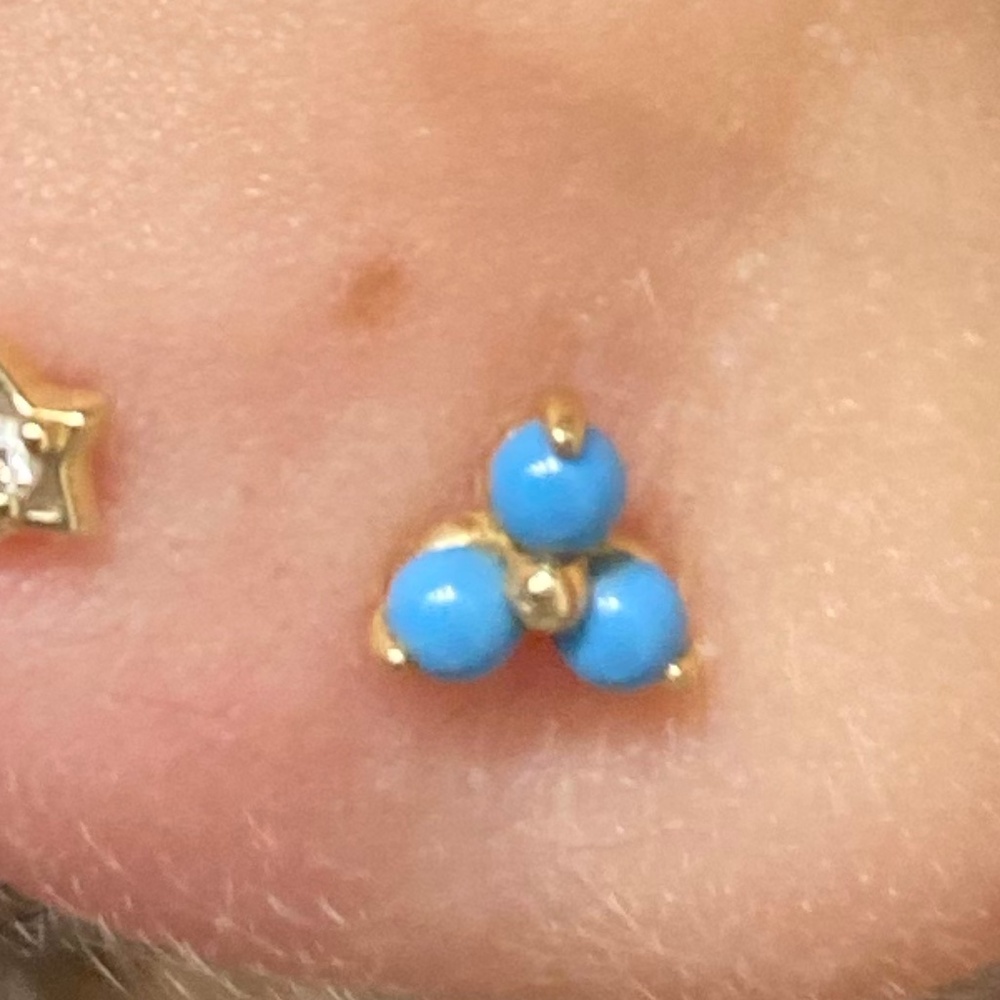 pair 14k turquoise trinity lotus triple bead threaded piercing stud earrings - Picture 2 of 5